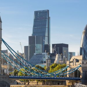 Birds eye view of the London skyline during the day