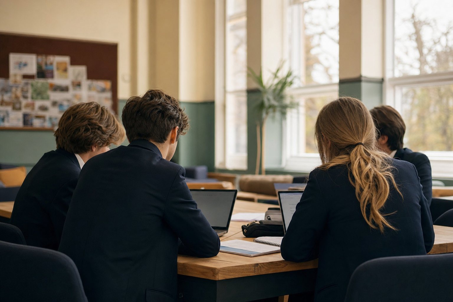 Sixth form students working on laptops around a table in a school common room