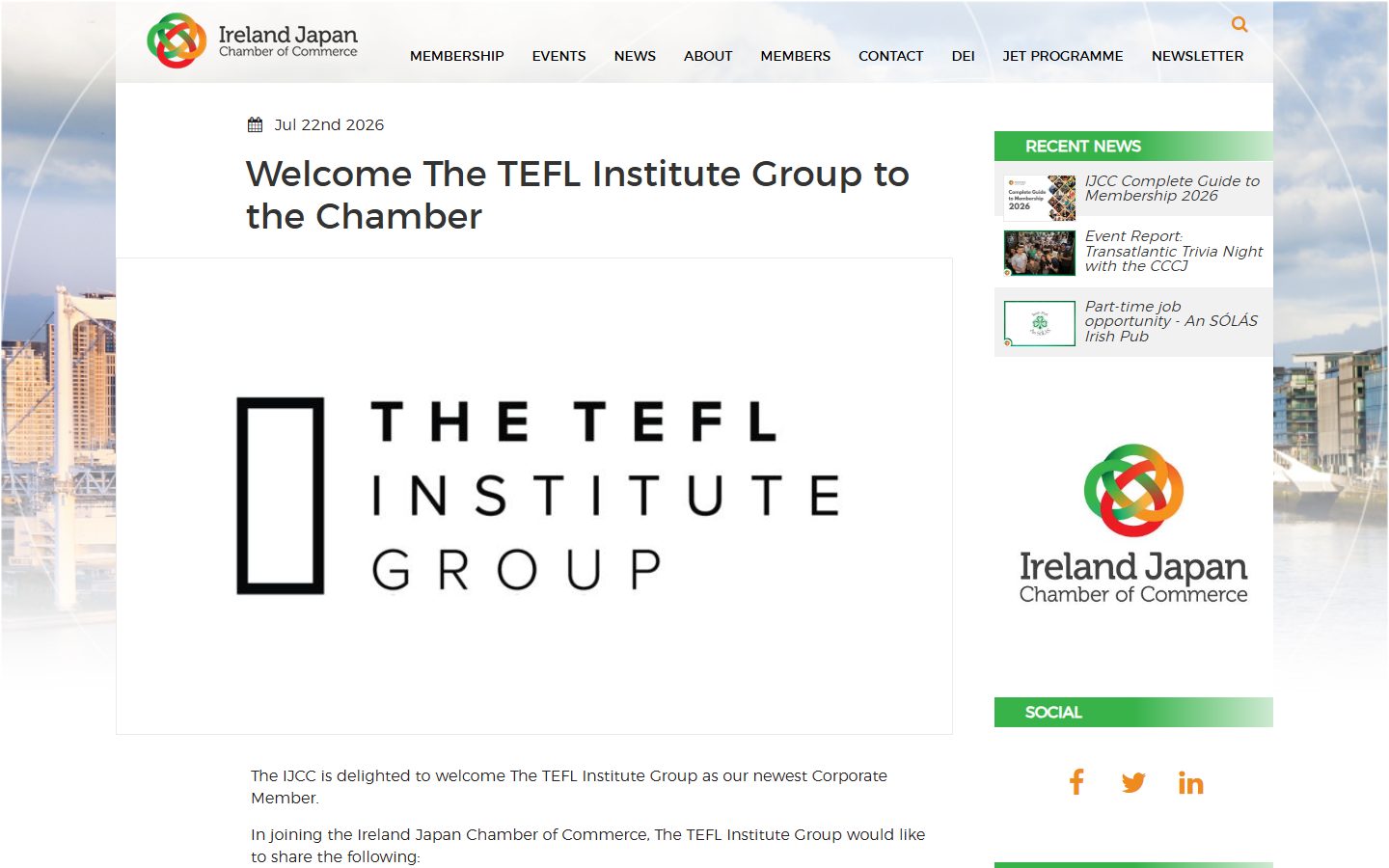 Official IJCC welcome announcement for The TEFL Institute Group on ijcc.jp