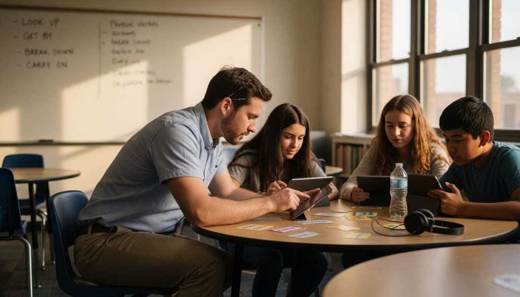 ESL teacher guiding a small group of adult English language learners