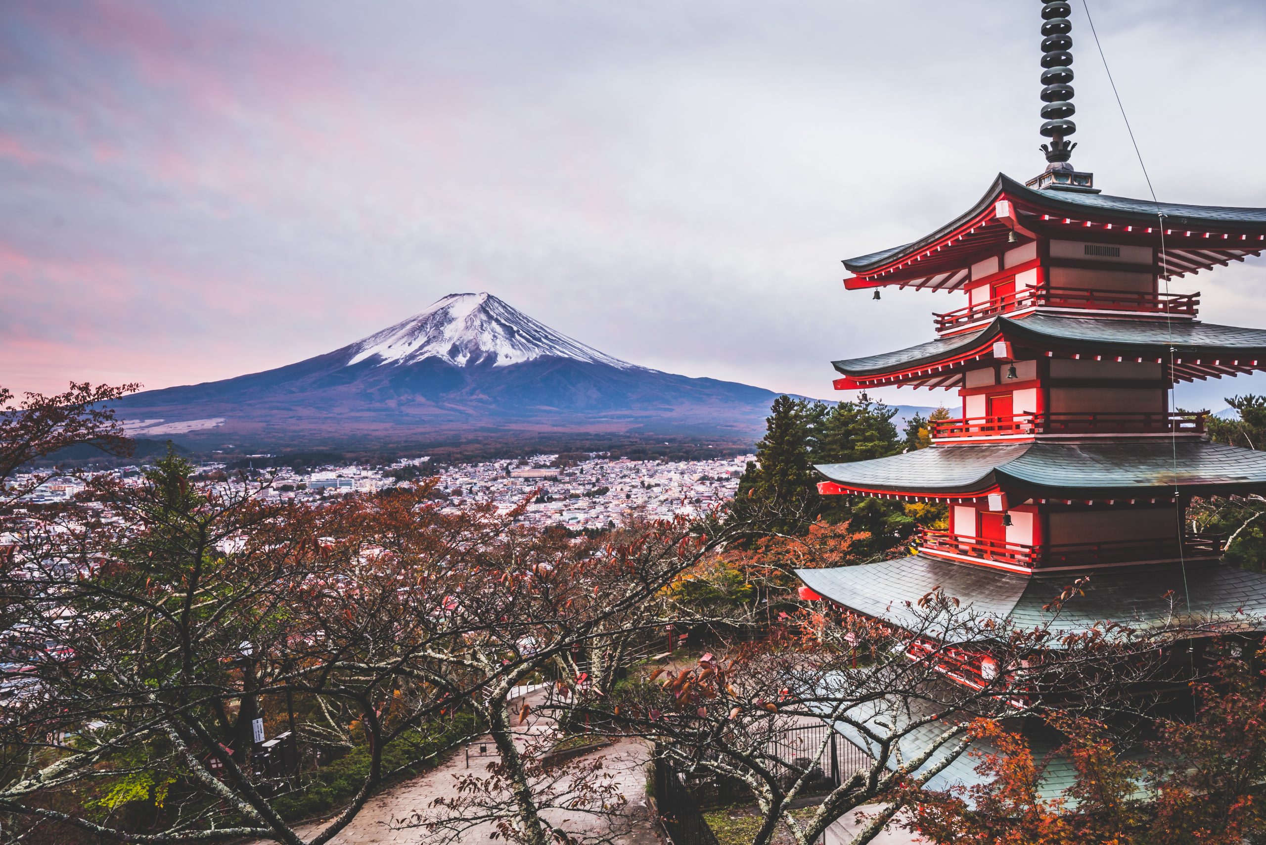 Mount Fuji behind the Chureito Pagoda in autumn, Japan, where the JET Programme places English teachers