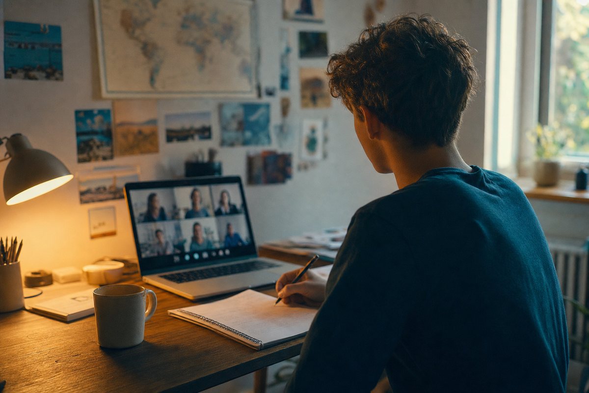 A sixth form student teaching an English lesson on a laptop from home
