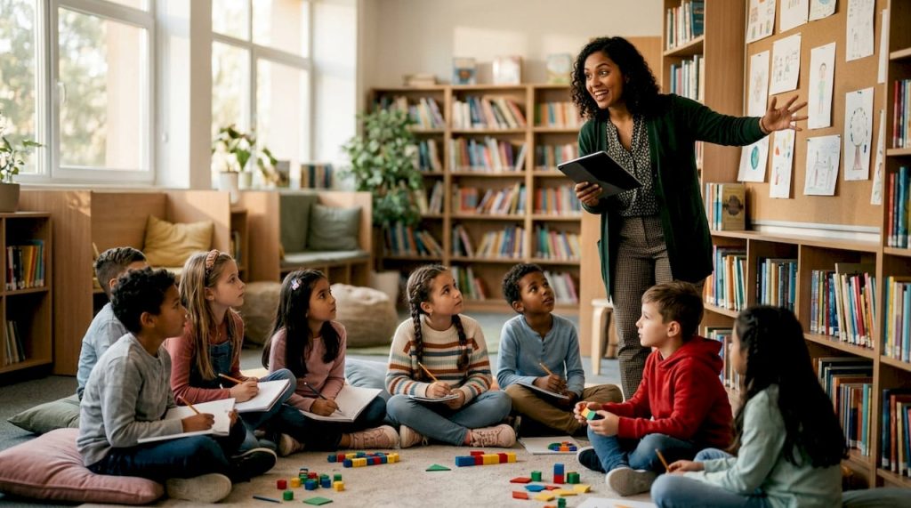 Teacher guiding a diverse group of students, an example of differentiated instruction in the classroom