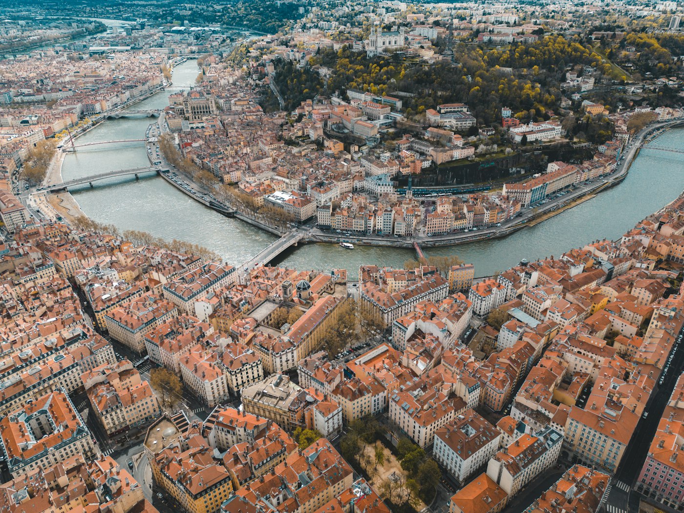 Aerial view of Lyon and its rivers, where English language assistants in France often live on the TAPIF stipend